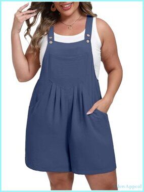 Plus Size Romper Adjustable Short Overalls Wide Leg Jumpsuit with Pockets